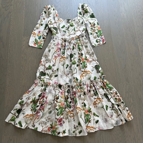 Cara Cara Blue Hill Whimsical Ivory Midi Dress Floral Linen Ruffle Tier - Size 4 - Picture 2 of 10